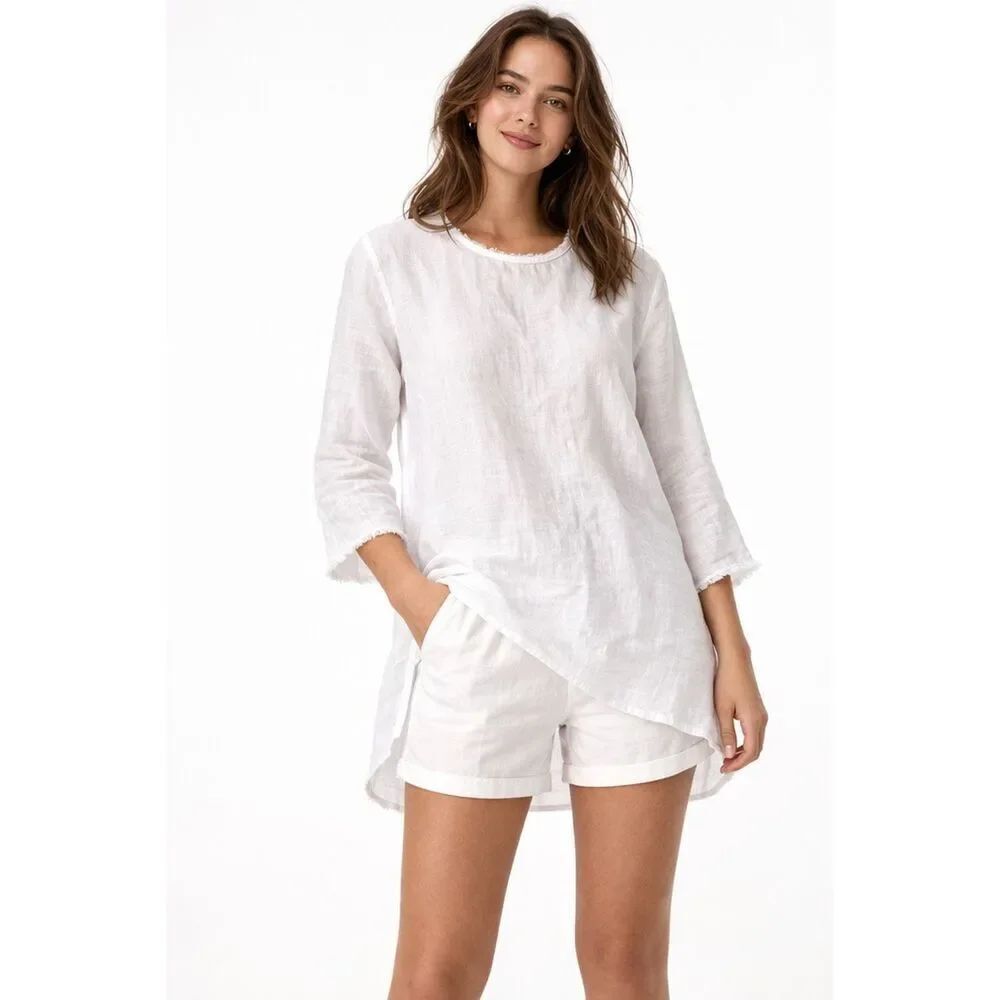 J.Jill White Linen Tunic Top Small Love Linen Frayed Hem Relaxed